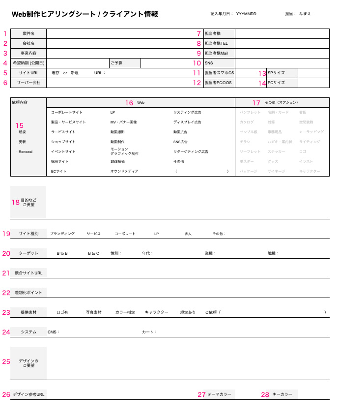 Web制作ヒアリングシート　テンプレート